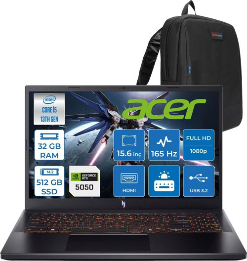 Nitro V 15 ANV15 Intel®core™ I5 13420H 32GB 512GB SSD RTX5050/8GB 75W 15.6 Inç 165Hz Fhd 1920X1080 IPS Freedos Gaming Bilgisayar NHQZ7EY003F12+ZETTAÇANTA