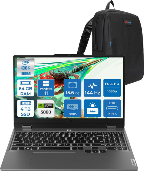 Loq 15IRX10 Intel® Core I5-13450HX 64GB Ddr5 4tb SSD 15.6" 8GB/RTX5060 100W (1920X1080) IPS 300NITS 144Hz, G-Sync® Windows 11 Pro Gaming BILG.83JE00JMTRP20+ZETTAÇANTA