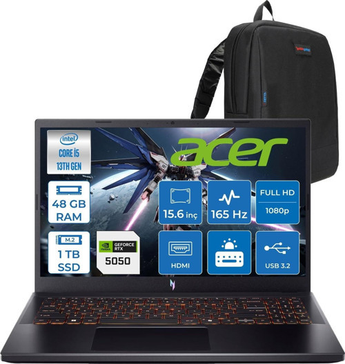 Nitro V 15 ANV15 Intel®core™ I5 13420H 48GB 1tb SSD RTX5050/8GB 75W 15.6 Inç 165Hz Fhd 1920X1080 IPS Freedos Gaming Bilgisayar NHQZ7EY003F18+ZETTAÇANTA