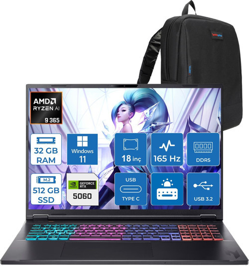 Nitro 18 Aı Amd AN18-AMD Ryzen™ Aı 9 365 32GB Ddr5 512GB SSD 8GB/RTX5060 115W 18" Qhd+ 2560 x 1600 165 Hz IPS WIN11HOME Gaming Bilgisayar. NHQYHEY001H07+ZETTAÇANTA