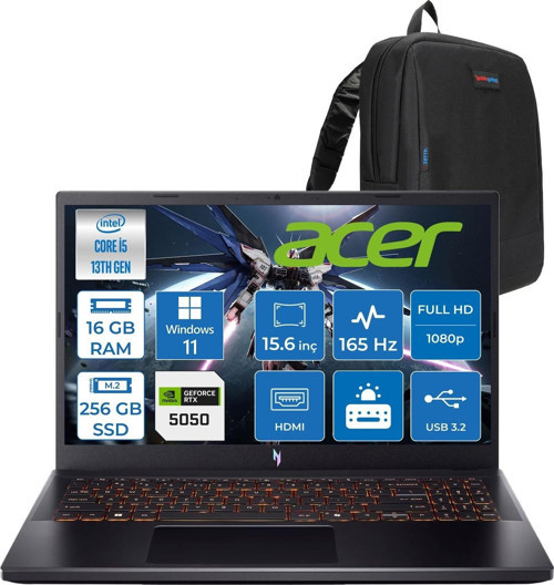 Nitro V 15 ANV15 Intel®core™ I5 13420H 16GB 256GB SSD RTX5050/8GB 75W 15.6 Inç 165Hz Fhd 1920X1080 IPS WIN11HOME Gaming Bilgisayar NHQZ7EY003H01+ZETTAÇANTA