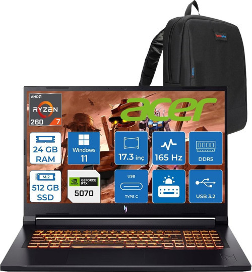 Nitro V17 ANV17 Aı Amd Ryzen™ 7 260 24GB Ddr5 512GB SSD 8GB/RTX5070 85W 17.3"wqxga 2560X1440 165Hz IPS WIN11HOME Gaming Bilgisayar. NHQZKEY001H02+ZETTAÇANTA