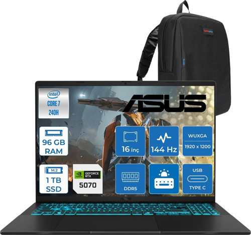 Vivobook V16 2.nesil Core 7 240H Aı 96GB Ddr5 1tb SSD RTX5070/8GB 16.0-Inch, Wuxga (1920 x 1200) 300NITS 144Hz Freedos Gaming Bilgisayar WV3607VPF33+ZETTAÇANTA