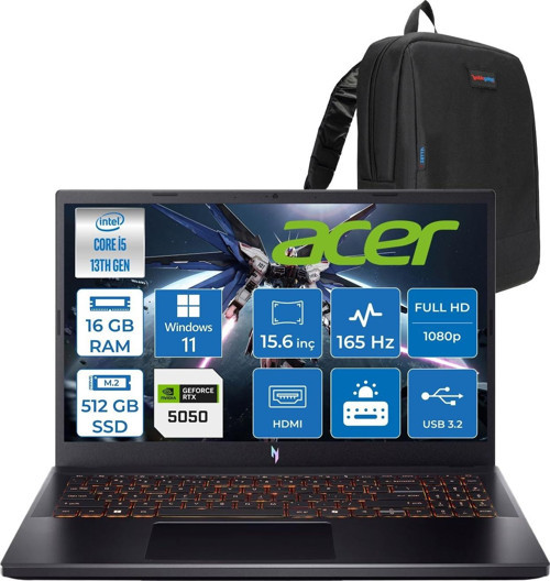Nitro V 15 ANV15 Intel®core™ I5 13420H 16GB 512GB SSD RTX5050/8GB 75W 15.6 Inç 165Hz Fhd 1920X1080 IPS WIN11PRO Gaming Bilgisayar NHQZ7EY003P02+ZETTAÇANTA