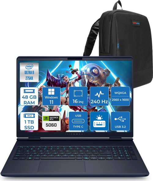 Alienware 16X Aurora AC16251 Ultra 9 275HX Ddr5 48GB 1tb SSD 8GB/RTX5060 115W 16INÇ Wqxga 240Hz 500NITS WINDOWS11PRO Gaming Laptop AC162515060P19+ZETTAÇANTA