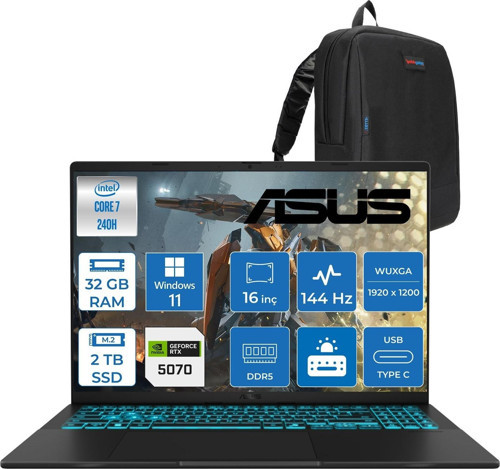 Vivobook V16 2.nesil Core 7 240H Aı 32GB Ddr5 2tb SSD RTX5070/8GB 16.0-Inch, Wuxga (1920 x 1200) 300NITS 144Hz WIN11HOME Gaming Bilgisayar WV3607VPH14+ZETTAÇANTA