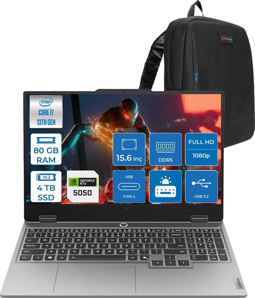 Loq 15IRX10 Intel® Core I7-13700HX 80GB Ddr5 4tb SSD 15.6" 8GB/RTX5050 100W (1920X1080) IPS 300NITS 144Hz, G-Sync® Freedos Gaming BILG.83JE00KMTRF25+ZETTAÇANTA