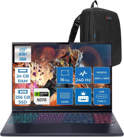 Predator Helıos Neo 16S Aı Intel Core™ Ultra 7 255HX 24GB Ddr5 256GB SSD 8GB/RTX5070 115W 16"qhd+ 2560X1600 240HZ OLED Freedos Gaming Bilgisayar. NHQZFEY001F01+ZETTAÇANTA
