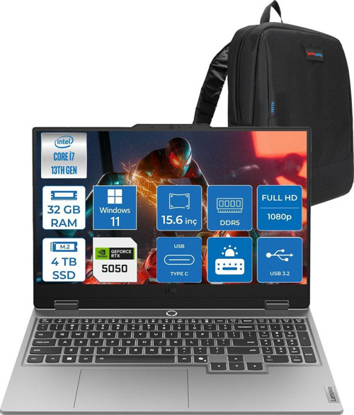 Loq 15IRX10 Intel® Core I7-13700HX 32GB Ddr5 4tb SSD 15.6" 8GB/RTX5050 100W (1920X1080) IPS 300NITS 144Hz, G-Sync® WIN11HOME Gaming BILG.83JE00KMTRH10+ZETTAÇANTA
