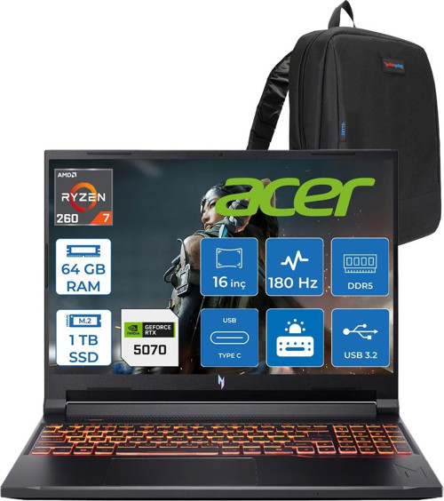 Nitro V 16S Aı Amd Ryzen™ 7 260 64GB Ddr5 1tb SSD 8GB/RTX5070 95W 16"qhd+ 2560X1600 180Hz IPS Freedos Gaming Bilgisayar. NHQYYEY001F18+ZETTAÇANTA