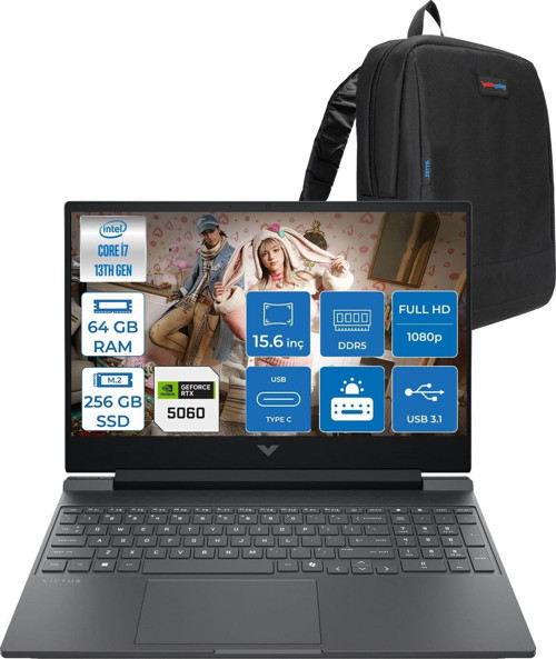 Victus Gaming Intel® Core™ I7-13620H 64GB Ddr5 256GB SSD Rtx™ 5060/8GB Gddr7 15.6" Fhd (1920 x 1080), 144 Hz, IPS,300 Nits Freedos Taşınabilir Bilgisayar C21SFEAF16+ZETTAÇANTA