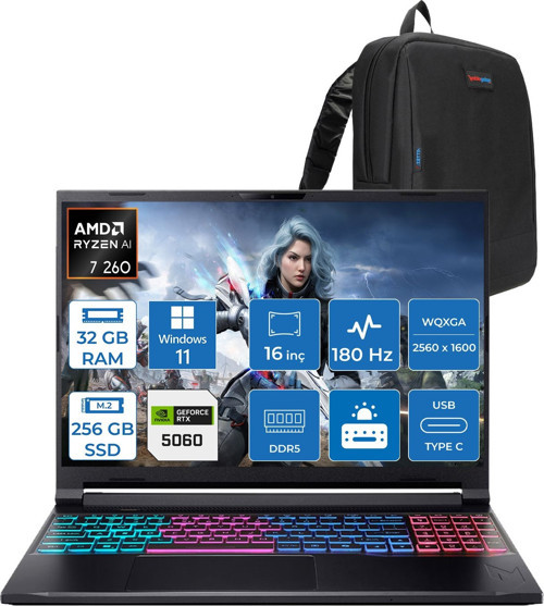Predator Helıos Neo 16S Aı Intel Core™ Ultra 7 255HX 32GB Ddr5 256GB SSD 8GB/RTX5070 115W 16"qhd+ 2560X1600 240HZ OLED WIN11HOME Gaming Bilgisayar. NHQZFEY001H06+ZETTAÇANTA