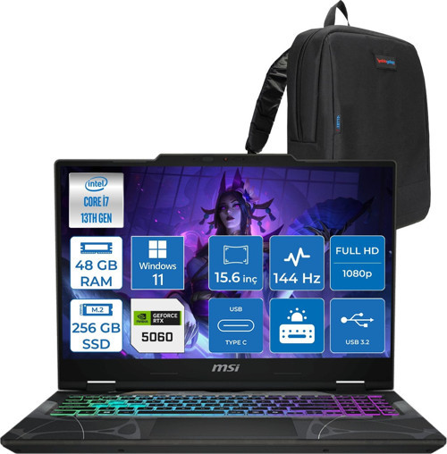 Cyborg 15 Intel Core I7 13620H 48GB Ddr5 256GB SSD RTX5060 Gddr7 8gb Windows 11 Home 15.6" Fullhd (1920X1080) 144HZ IPS Taşınabilir Bilgisayar B13WFKG490XTRH21 + Zetta Çanta