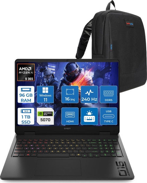 Omen 16-AP0012NT Amd Ryzen Aı 9 365 96GB Ddr5 1tb SSD RTX5070 8gb Gddr7 16 Inç Wqxga (2560 x 1600) 240Hz 500NITS 3ms IPS Windows 11 Home Taşınabilir Bilgisayar C12CGEAH44 + Zetta Çanta