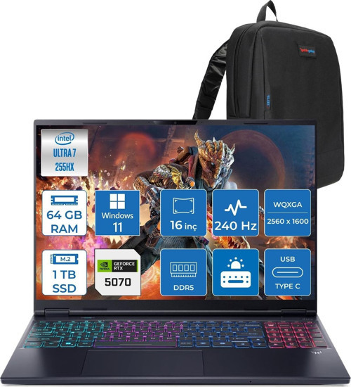 Predator Helıos Neo 16S Aı Intel Core™ Ultra 7 255HX 64GB Ddr5 1tb SSD 8GB/RTX5070 115W 16"qhd+ 2560X1600 240HZ OLED WIN11HOME Gaming Bilgisayar. NHQZFEY001H18+ZETTAÇANTA