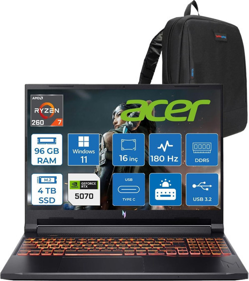 Nitro V 16S Aı Amd Ryzen™ 7 260 96GB Ddr5 4tb SSD 8GB/RTX5070 95W 16"qhd+ 2560X1600 180Hz IPS WIN11HOME Gaming Bilgisayar. NHQYYEY001H30+ZETTAÇANTA