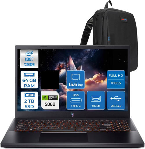 Nitro V 15 ANV15-52 Intel Core I7 13620H 64GB 2tb SSD Nvıdıa Geforce RTX5060 8gb 75W Freedos 15.6" FHD(1920 x 1080) IPS 165HZ Taşınabilir Bilgisayar NHQZ8EY002F34 + Zetta Çanta