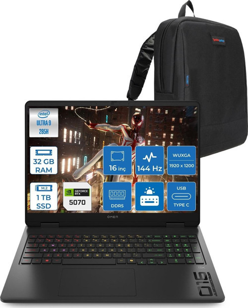 Omen Slim Intel Core Ultra 9 285H 32GB Ddr5 1tb SSD 8GB/RTX5070 16" Wuxga 144Hz IPS 300NIT Windows 11 Home Taşınabilir Gaming Bilgisayar 16AN0017NTH10 + Zettaçanta