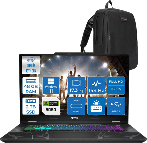 Cyborg 17 Intel Core I7 13620H 48GB Ddr5 2tb SSD RTX5060 Gddr7 8gb Windows 11 Home 17.3" Fullhd (1920X1080) 144HZ IPS Taşınabilir Bilgisayar B13WFKG210XTRH24 + Zetta Çanta