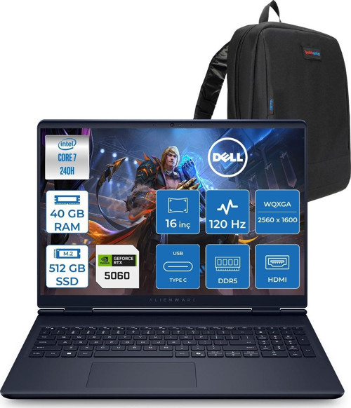 Alienware 16 Aurora AC16250 Intel Core 7 240H 40GB Ddr5 512GB SSD Freedos 8gb RTX5060 16 Inç 2K(2560×1600) Wqxga 120Hz Wva Gaming Laptop AC16250C71615U56NF23 + Zetta Çanta
