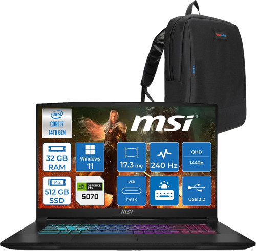 Msı Katana 17 Hx B14WGK Intel Core I7-14650HX 32GB Ddr5 512GB SSD RTX5070/8GB 115W 17.3 Inç 2k Qhd 240Hz WIN11PRO Gaming Bilgisayar 046XTRP12+ZETTAÇANTA