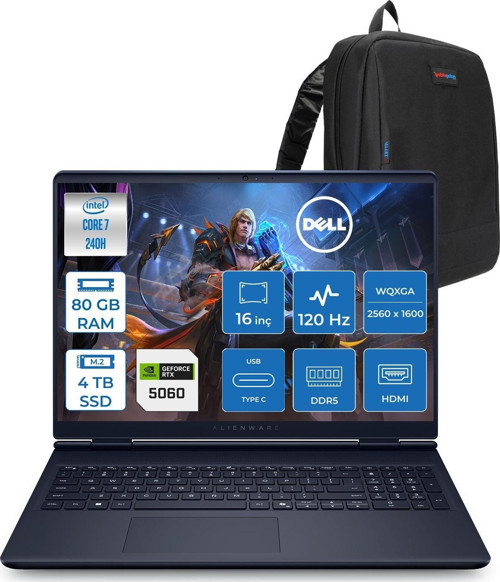 Alienware 16 Aurora AC16250 Intel Core 7 240H 80GB Ddr5 4tb SSD Freedos 8gb RTX5060 16 Inç 2K(2560×1600) Wqxga 120Hz Wva Gaming Laptop AC16250C71615U56NF47 + Zetta Çanta