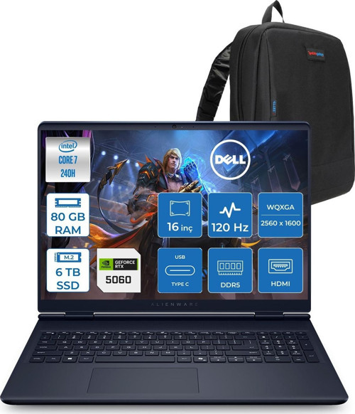Alienware 16 Aurora AC16250 Intel Core 7 240H 80GB Ddr5 6tb SSD Freedos 8gb RTX5060 16 Inç 2K(2560×1600) Wqxga 120Hz Wva Gaming Laptop AC16250C71615U56NF48 + Zetta Çanta