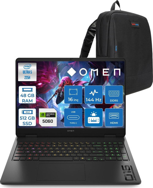 Omen 16-AM0037NT Intel Core Ultra 5 225H 48GB Ddr5 512GB SSD RTX5060 8gb Gddr7 Freedos 16 Inç Wuxga (1920X1200) 144Hz 300NITS IPS Taşınabilir Bilgisayar C39JBEAF25 + Zetta Çanta