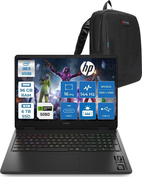 Omen 16-AM0033NT Intel Core I9 14900HX 96GB Ddr5 6tb SSD RTX5060 8gb Gddr7 Freedos 16 Inç Wuxga (1920X1200) 144Hz 300NITS IPS Taşınabilir Bilgisayar WC39J7EAF47 + Zetta Çanta