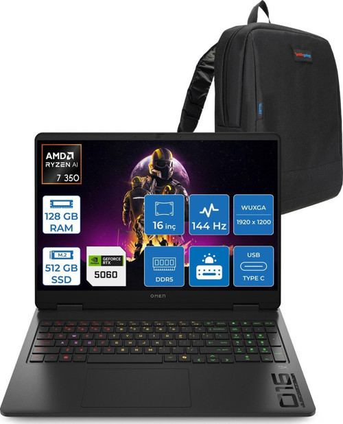 Omen Amd Ryzen Aı 7 350 128GB Ddr5 512GB SSD 8GB/RTX5060 16" Wuxga 144Hz IPS 300NIT Freedos Taşınabilir Bilgisayar 16AP0010NTF26 + Zettaçanta