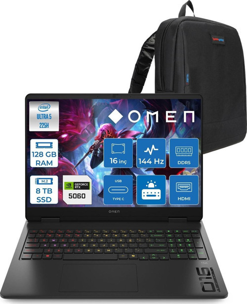 Omen 16-AM0037NT Intel Core Ultra 5 225H 128GB Ddr5 8tb SSD RTX5060 8gb Gddr7 Freedos 16 Inç Wuxga (1920X1200) 144Hz 300NITS IPS Taşınabilir Bilgisayar C39JBEAF54 + Zetta Çanta