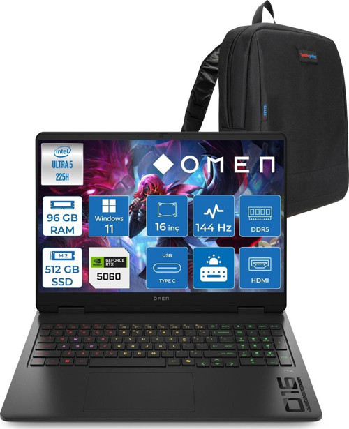 Omen 16-AM0037NT Intel Core Ultra 5 225H 96GB Ddr5 512GB SSD RTX5060 8gb Gddr7 Windows 11 Home 16 Inç Wuxga (1920X1200) 144Hz 300NITS IPS Taşınabilir Bilgisayar C39JBEAH43 + Zetta Çanta