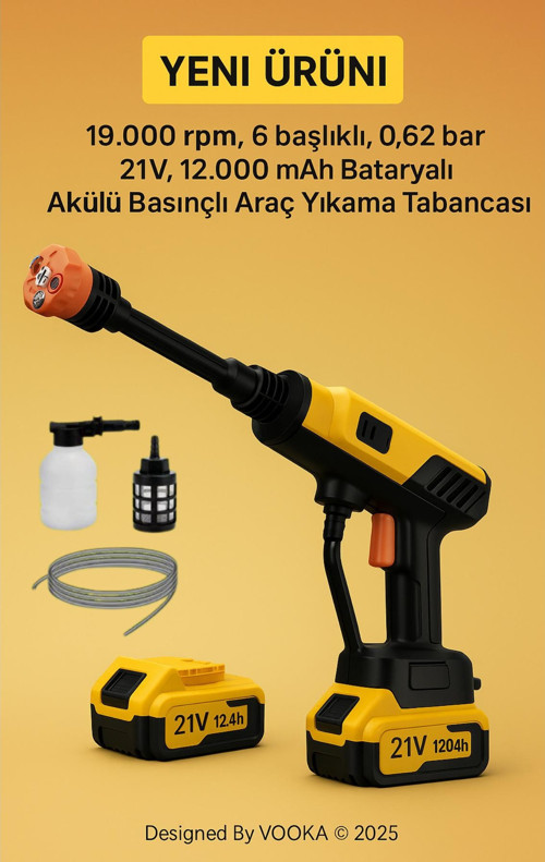21V 12.000 mAh Turbo Kablosuz Akülü Basınçlı Yıkama Tabancası – Araç, Motor Cam & Bahçe 62 Bar