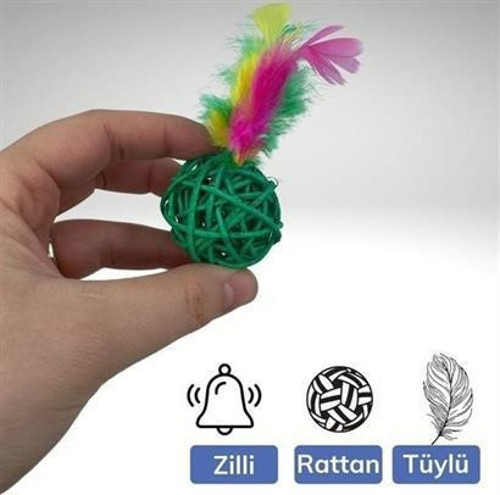 2li Rattan Renkli Peluş Tüy Kedi Köpek Oyuncak Yakalama Çiğneme Çıngıraklı Top Oyuncağı