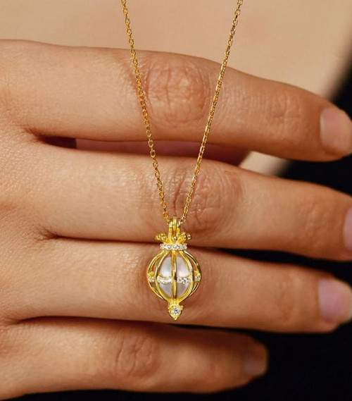 Zirkon Taşlı Gold İncili Kafes Gümüş Kolye