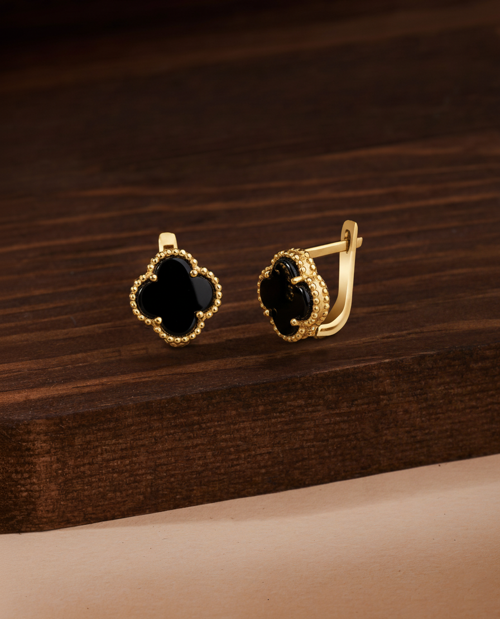 925 Ayar Oniks Taşlı Gold Van Cleef Yonca Gümüş Küpe