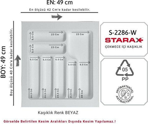 S-2286-w Çekmece Içi Plastik Kaşıklık Beyaz En:49-42 D:49-40 Cm Arası Kesilir 7 Göz