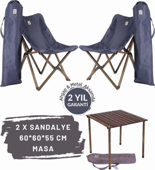 Ahşap Katlanır Masa Sandalye Seti Antrasit Iskelet Lacivert Kılıf-60x60x55 Antrasit Masa