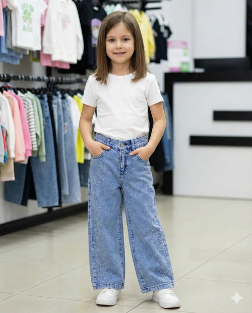 Kız Çocuk Pamuklu Beli Lastikli Jean Pantolon Rahat Kalıp Geniş Bol Paça Taş Detaylı Kot Pantolon