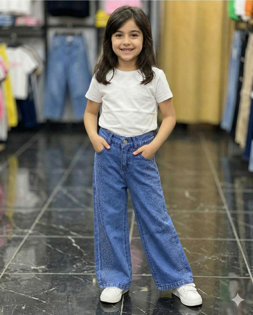 Kız Çocuk Pamuklu Beli Lastikli Jean Pantolon Rahat Kalıp Geniş Bol Paça Taş Detaylı Kot Pantolonn