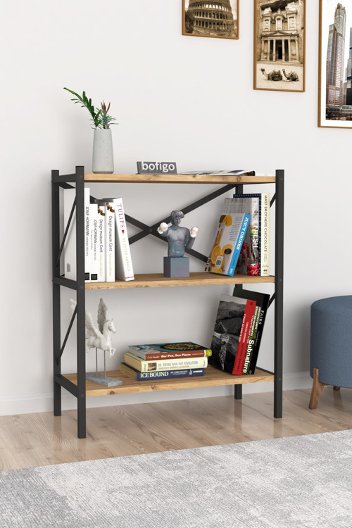 Dekoratif 3 Raflı Kitaplık Metal Kitaplık Perge Çam