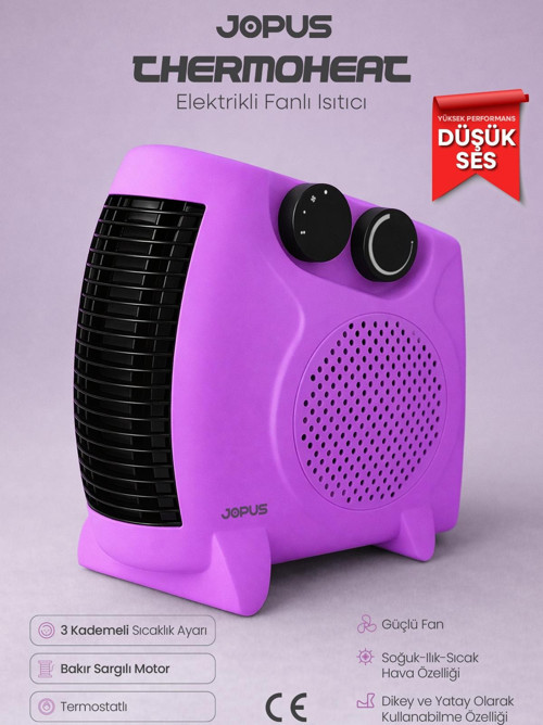 2000W Elektrikli Fanlı Isıtıcı, Termostatlı, Sıcak-Soğuk Hızlı Isıtma, 25 m² Alan Kapasitesi - Lila