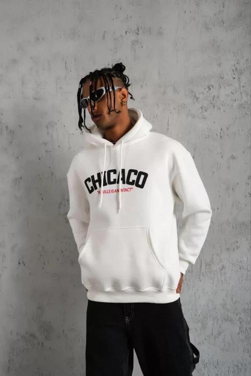 Kanguru Cep Baskılı Kapüşonlu Beyaz Sweatshirt S
