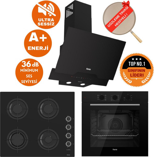 FlowArt&SilentArt ALMERİA Sessiz Siyah Ankastre Set ( D063-SA + QBL62CS +CS205-FA FlameART )