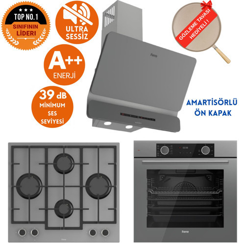FryArt&SilentArt VAV / Sessiz Yeni Seri Antrasit Gri Ankastre Set (D082-SA + XE63CPR + LN388)