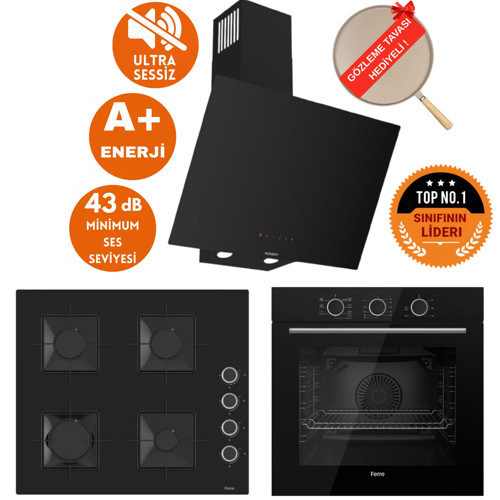 FryArt&SilentArt Verona Sessiz Yeni Seri Siyah Ankastre Set ( D077-SA + QXE62CS + SS205)