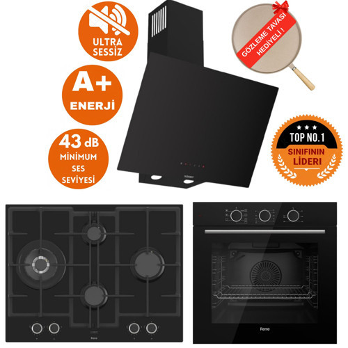 FryArt&SilentArt Rıta Sessiz Yeni Seri Siyah Ankastre Set (D077-SA + QXE62CS + ED075-WFA wok)