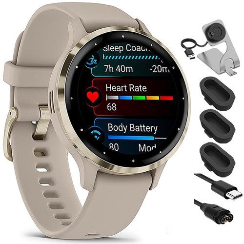 010-02785-02 Venu 3S Health Fitness GPS Smartwatch Altın Çelik Çerçeve, Fransız Gri Kasalı 41mm Paket, Şarj Ünitesi, Silikon Toz Kapağı 3...