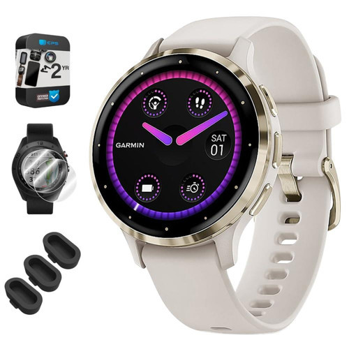 010-02785-04 Venu 3S Health Fitness GPS Smartwatch Altın Çelik Çerçeve, Fildişi Kasalı 41mm Toz Kapaklı Paket 3'lü Paket, 2'li Paket Ekran Koruyucu...
