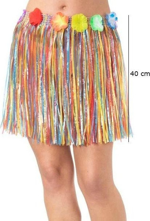 Yetişkin ve Çocuk Uyumlu Rengarenk Püsküllü Hawaii Luau Hula Etek 40 cm